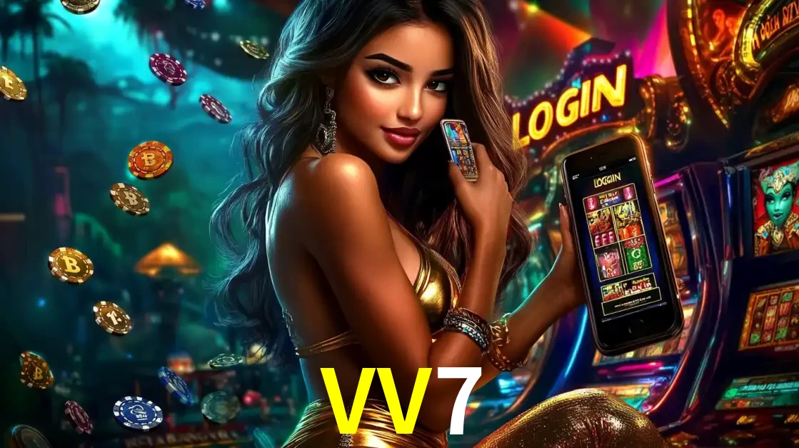 Mulher em um cenário de cassino temático de aventura, mostrando o app de caça-níqueis da VV7 no celular. Fichas de apostas flutuam ao redor.