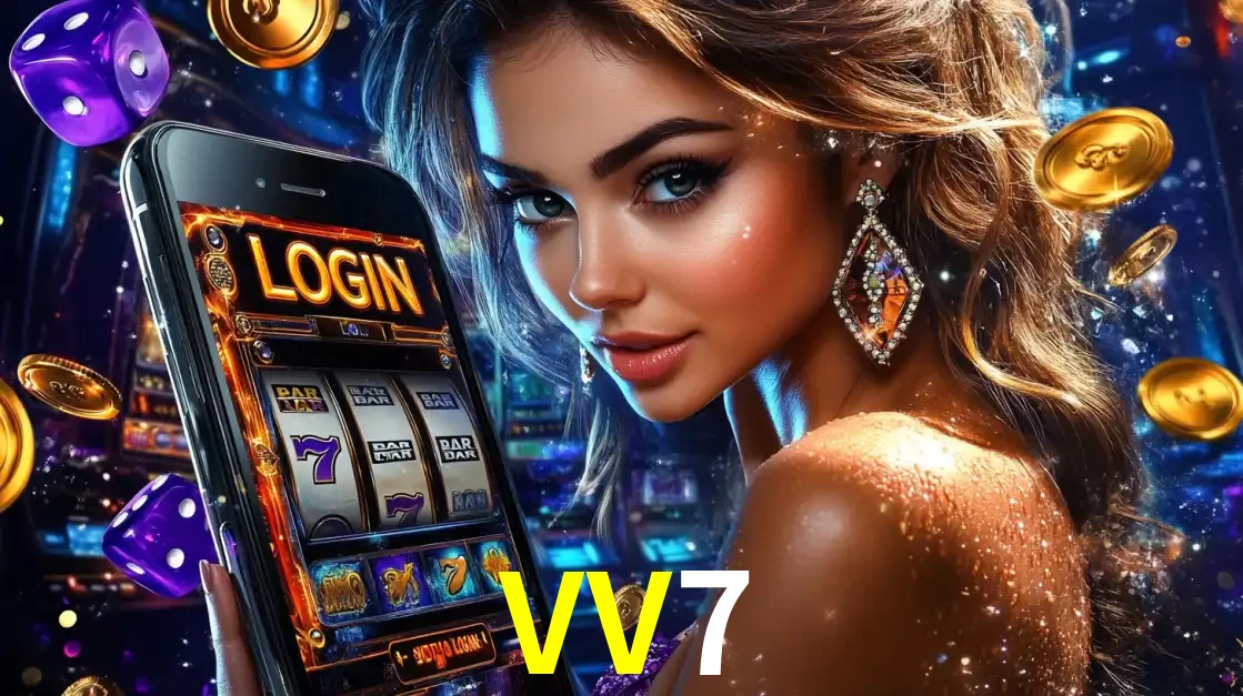 Mulher glamorosa segurando um smartphone com a tela de login para os jogos de caça-níqueis do cassino online VV7, com moedas de ouro e dados ao redor.